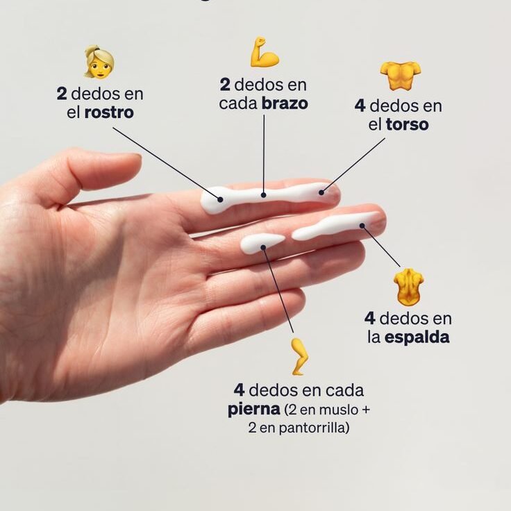 Cantidad a aplicar del protector solar según la zona del cuerpo.