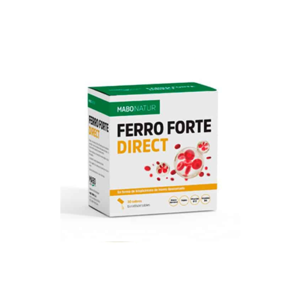 MABONATUR Ferro Forte Direct complemento alimenticio formulado para aportar hierro de alta biodisponibilidad en formato granulado de administración directa.