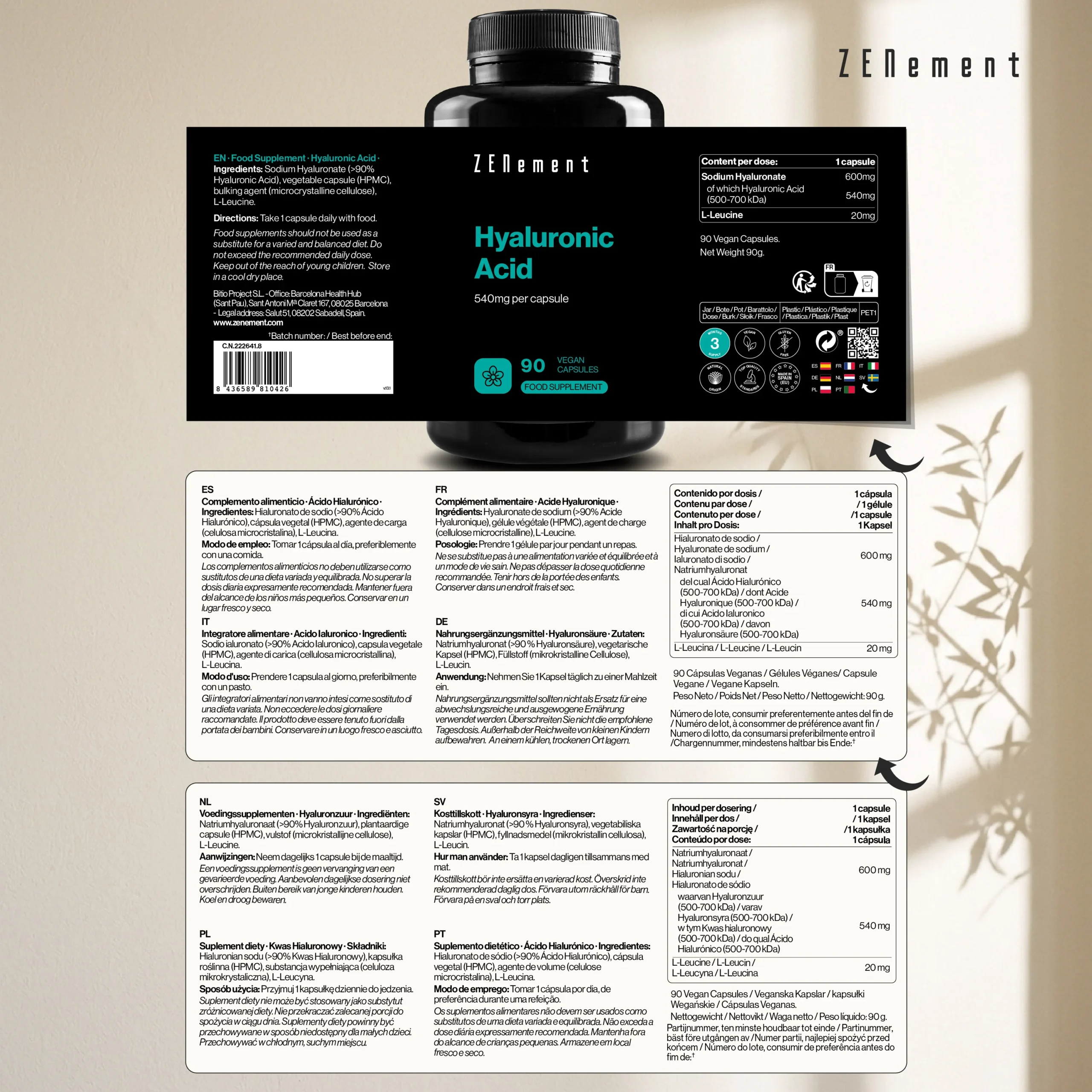 ZENement Ácido Hialurónico 525 mg 120 Cápsulas veganas - Imagen 5