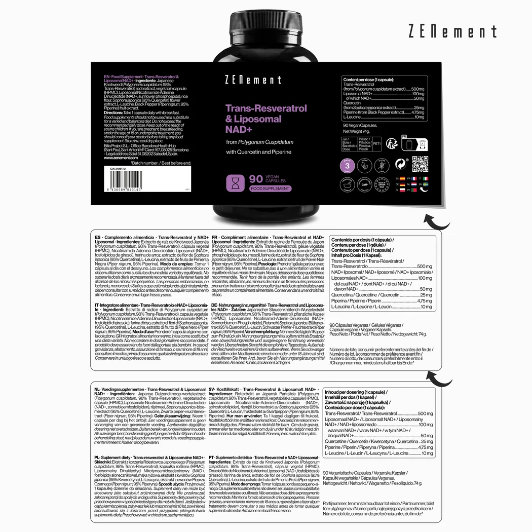 ZENement Trans-Resveratrol y NAD+ Liposomal de Polygonum Cuspidatum 90 Cápsulas Veganas - Imagen 5
