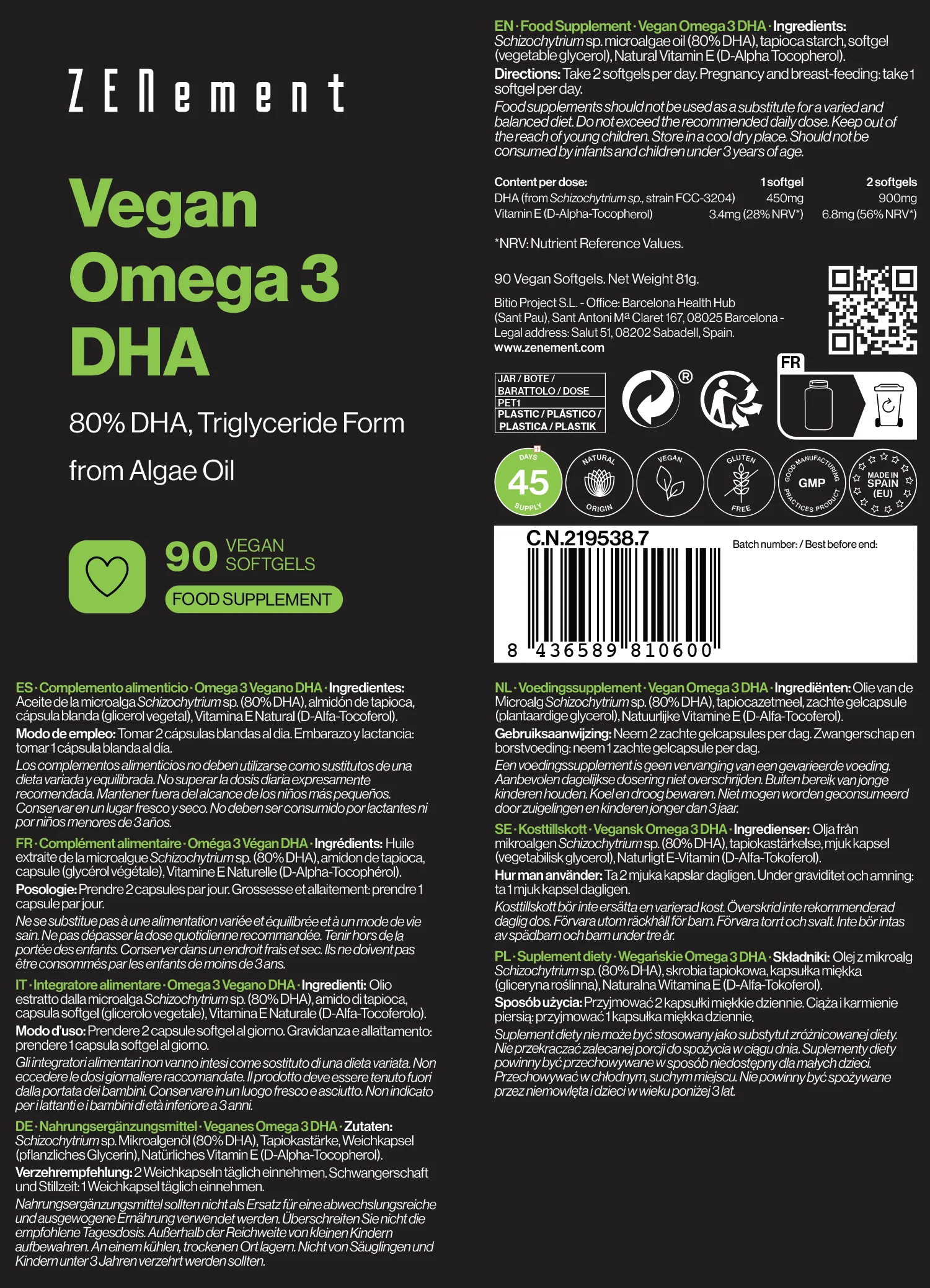ZENement Omega 3 Vegano DHA 80% 90 cápsulas blandas veganas - Imagen 5
