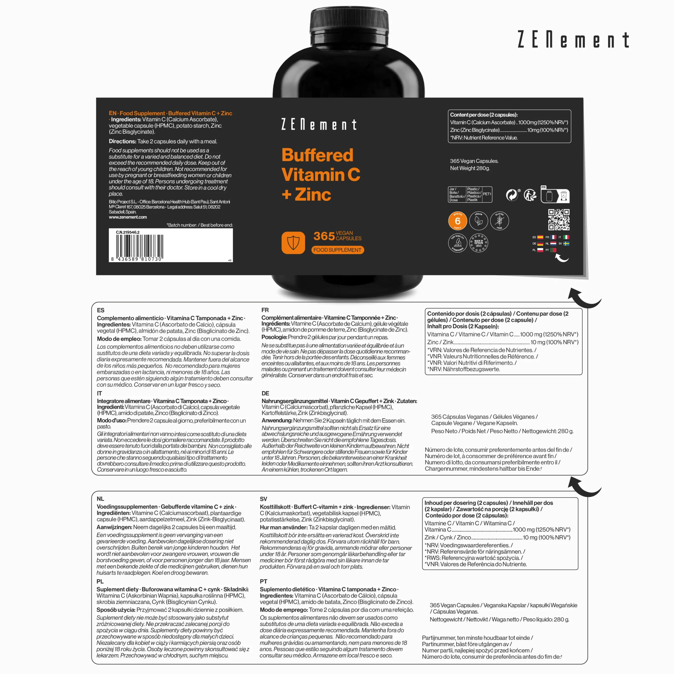 ZENement Vitamina C tamponada + Zinc 365 cápsulas veganas - Imagen 5