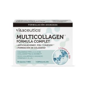 Vitaceutics Multicollagen 30 cápsulas aporta colágeno, vitaminas y ácido hialurónico para articulaciones, huesos y piel. Complemento completo diario.