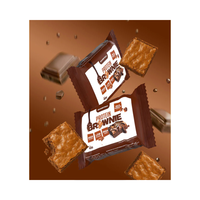Protein Brownie 43 g Quamtrax es proteico alto en proteínas, rico en fibra y bajo en azúcares, ideal como snack saludable o para después del entrenamiento.
